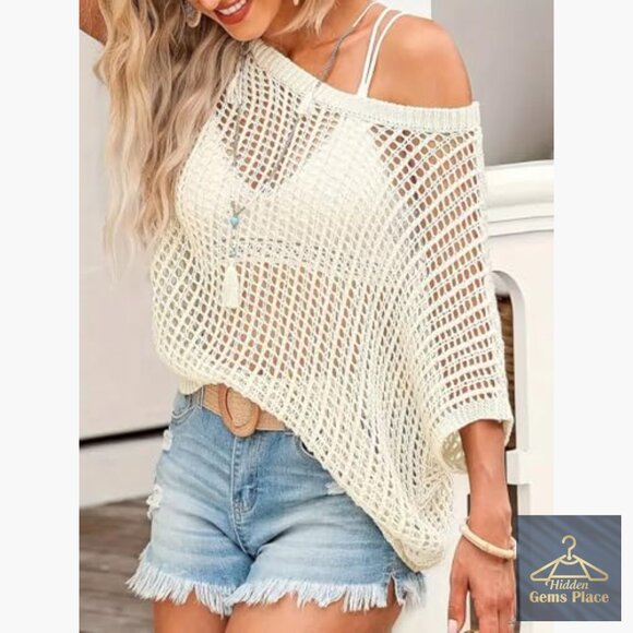 Short Sleeve Crochet Sweater Beach Cover Up Off Shoulder Loose Knit Top - Picture 2 of 7